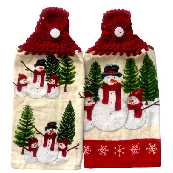 Hand Crafted Snowmen Crochet Top Hanging Kitchen Dish or Bathroom Hand Towels - Picture 1 of 10
